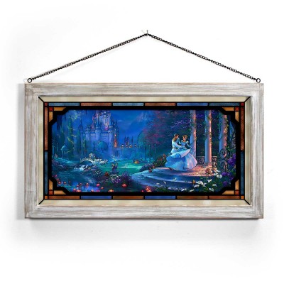 Kinkade Disney Stained Glass Art: Cinderella Dancing in the Starlight (Whitewash Frame)
