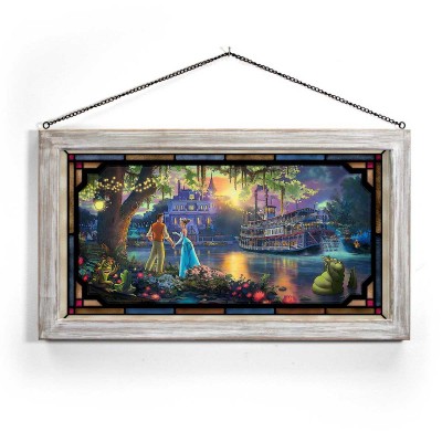 Kinkade Disney Stained Glass Art: The Princess and the Frog (Whitewash Frame)