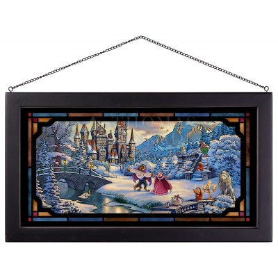Kinkade Disney Stained Glass Art: Beauty and the Beast's Winter Enchantment