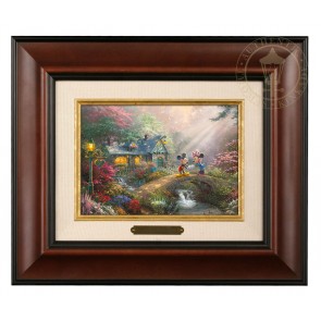 Kinkade Disney Brushworks: Mickey and Minnie Sweetheart Bridge (Classic Burl Frame)