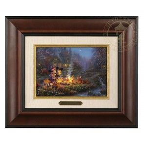 Kinkade Disney Brushworks: Mickey and Minnie Sweetheart Campfire (Classic Burl Frame)
