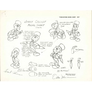 Disney Publication Model Sheet: Jiminy Cricket signed Frank Thomas and Ollie Johnston