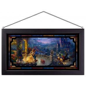 Kinkade Disney Stained Glass Art: Beauty and the Beast Dancing in the Moonlight (Black Frame)