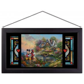Kinkade Disney Stained Glass Art: Mickey and Minnie Sweetheart Cove (Black Frame)