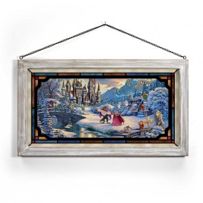 Kinkade Disney Stained Glass Art: Beauty and the Beast's Winter Enchantment (Whitewash Frame)