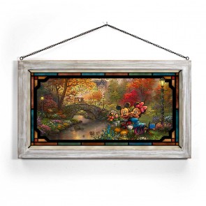 Kinkade Disney Stained Glass Art: Mickey and Minnie Sweetheart Central Park (Whitewash Frame)
