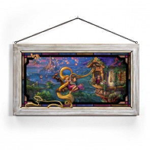 Kinkade Disney Stained Glass Art: Tangled Up in Love (Whitewash Frame)