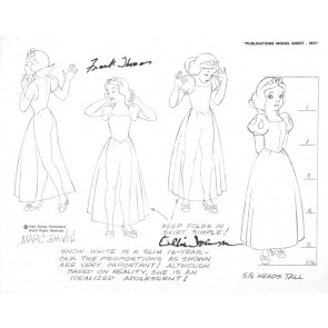 Disney Publication Model Sheet: Snow White (1) signed Marc Davis, Ollie Johnston and Frank Thomas