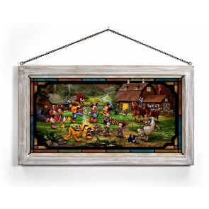 Kinkade Disney Stained Glass Art: Mickey and Minnie Rocky Mountain Roundup (White Wash Frame)