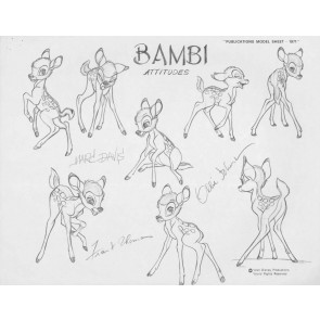 Disney Publication Model Sheet: Bambi signed Marc Davis, Ollie Johnston, and Frank Thomas